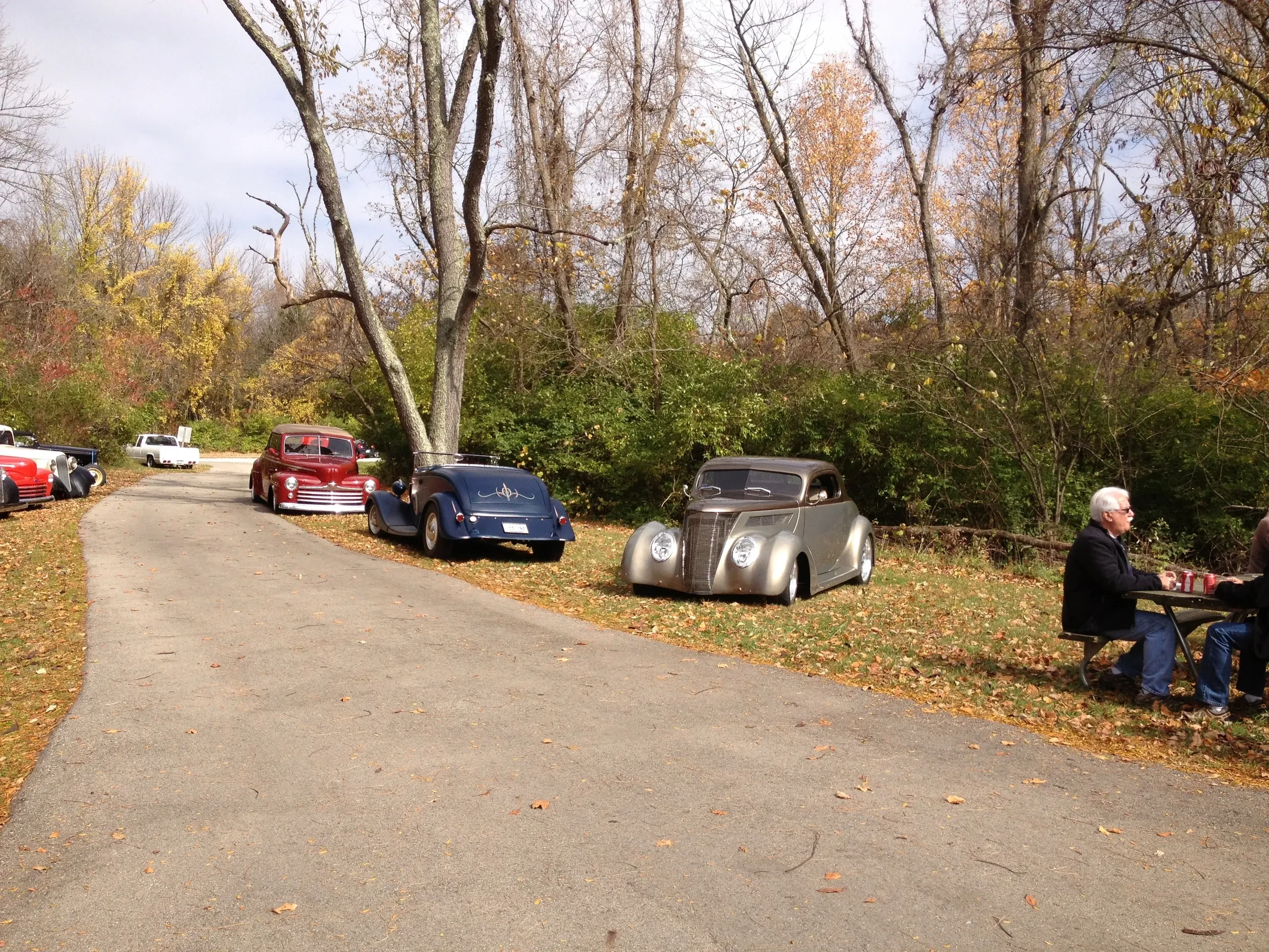 Vintage cars parked at autumn forest gathering